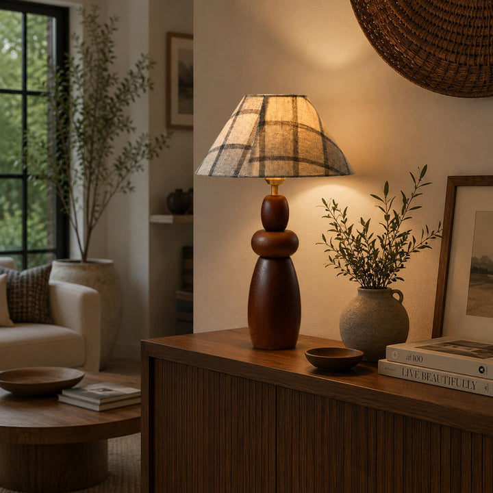 Modern Table Lamp with Adjustable Height Wooden Base and Fabric Shade for Bedroom or Desk Use