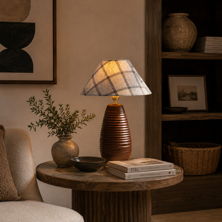 Modern Table Lamp with Adjustable Height Wooden Base and Fabric Shade for Bedroom or Desk Use