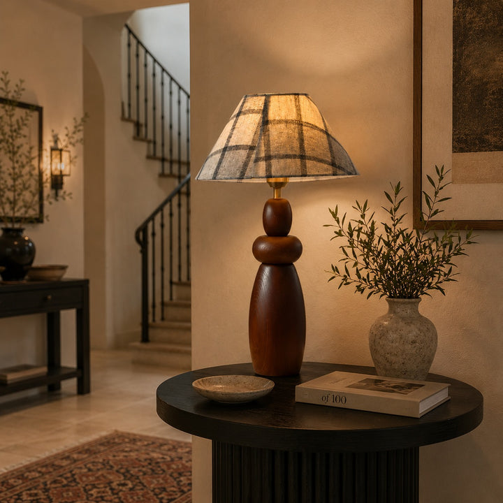 Modern Table Lamp with Adjustable Height Wooden Base and Fabric Shade for Bedroom or Desk Use