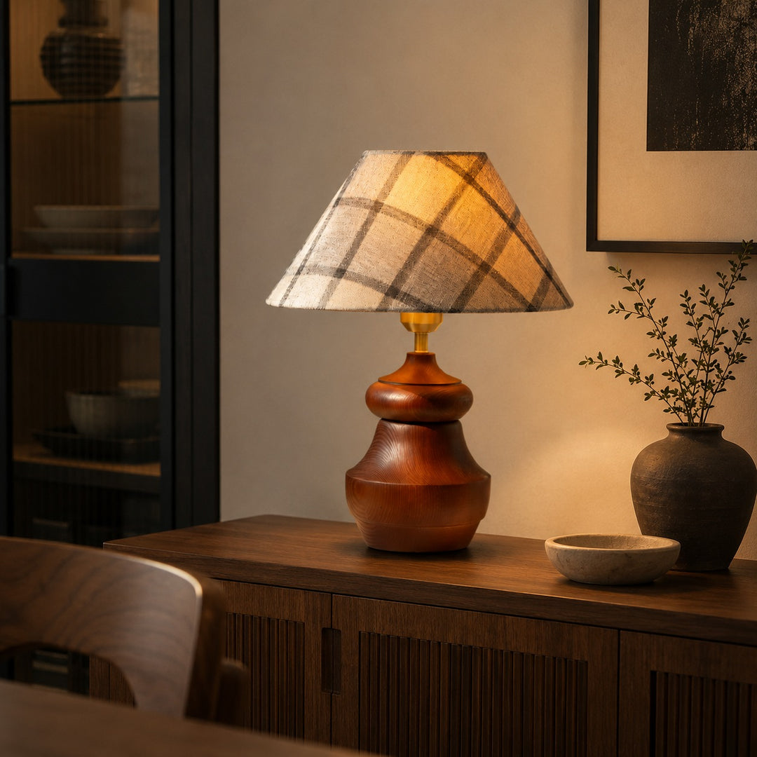 Modern Table Lamp with Adjustable Height Wooden Base and Fabric Shade for Bedroom or Desk Use