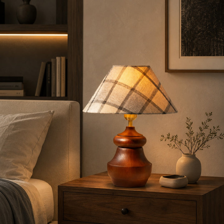 Modern Table Lamp with Adjustable Height Wooden Base and Fabric Shade for Bedroom or Desk Use