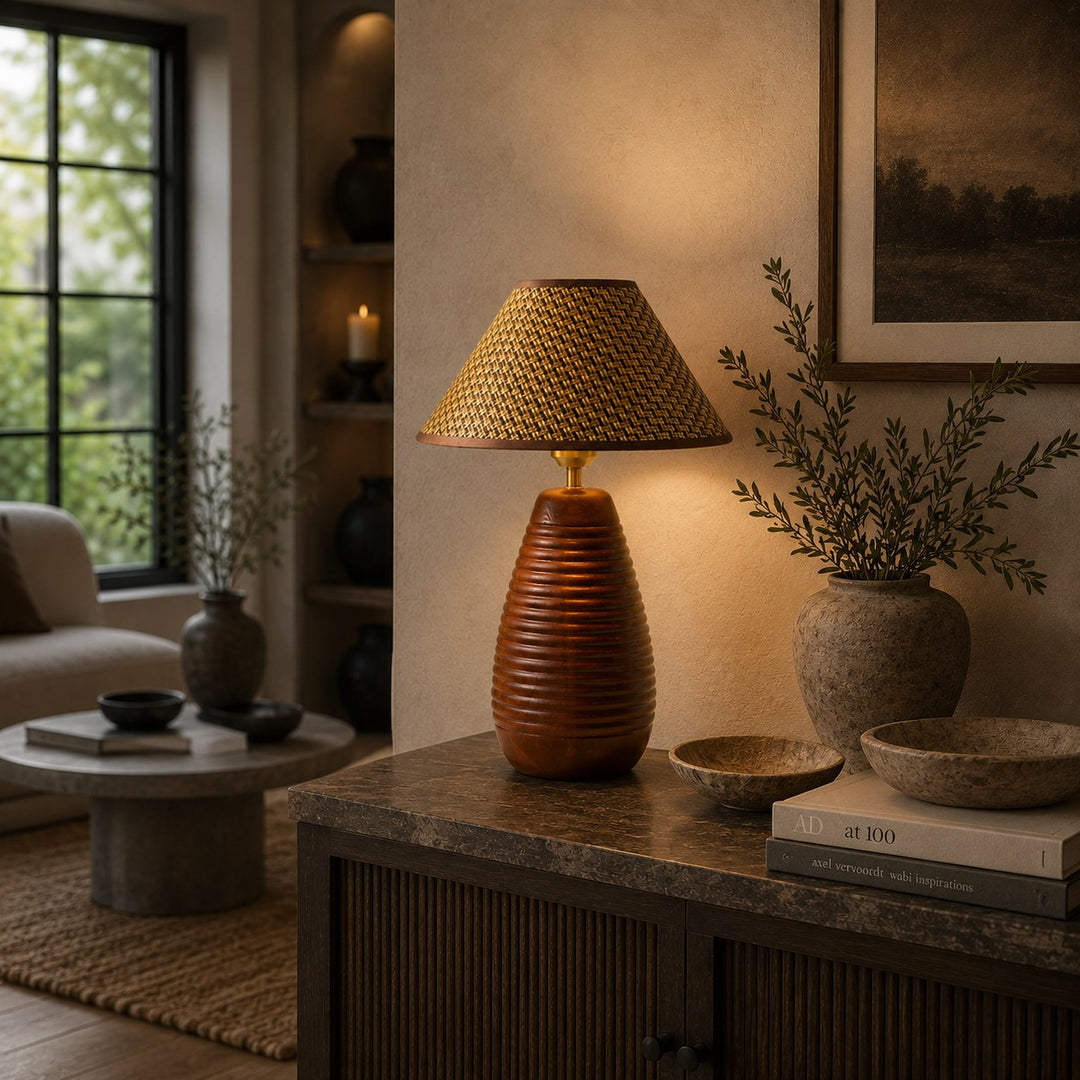 Modern Table Lamp with Adjustable Height Wooden Base and Fabric Shade for Bedroom or Desk Use