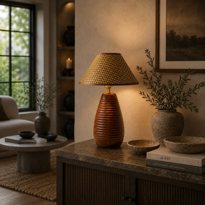 Modern Table Lamp with Adjustable Height Wooden Base and Fabric Shade for Bedroom or Desk Use