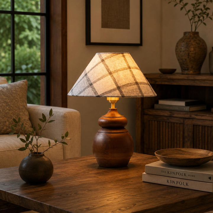 Modern Table Lamp with Adjustable Height Wooden Base and Fabric Shade for Bedroom or Desk Use