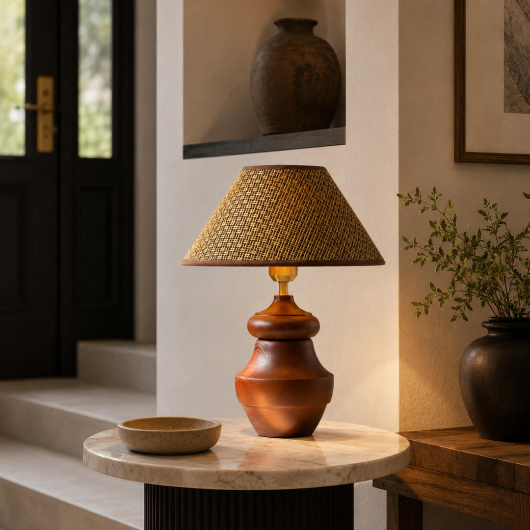 Modern Table Lamp with Adjustable Height Wooden Base and Fabric Shade for Bedroom or Desk Use