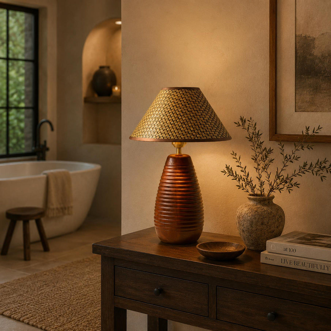 Modern Table Lamp with Adjustable Height Wooden Base and Fabric Shade for Bedroom or Desk Use