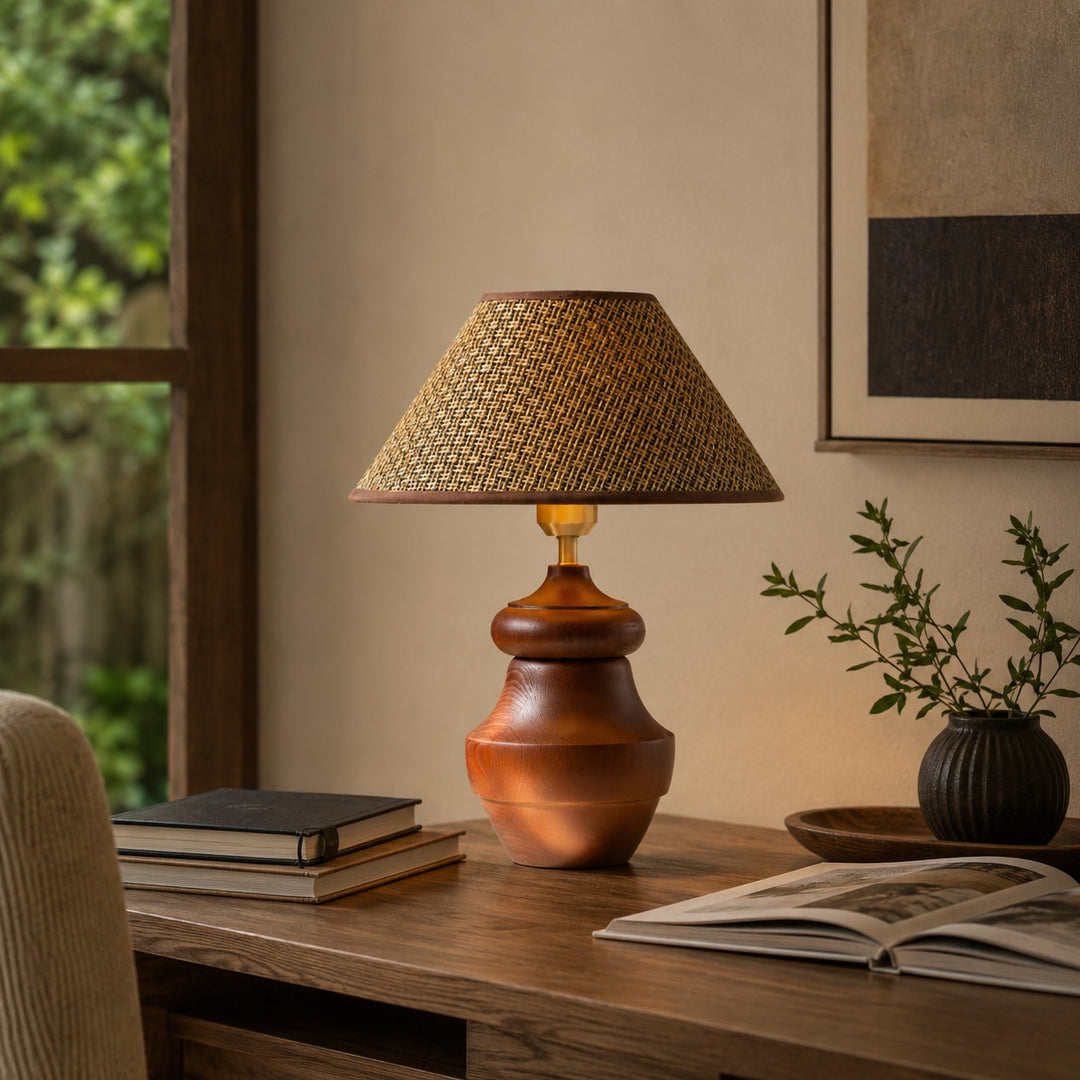 Modern Table Lamp with Adjustable Height Wooden Base and Fabric Shade for Bedroom or Desk Use