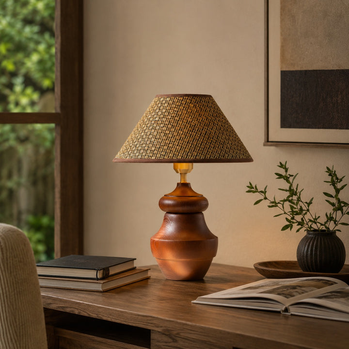 Modern Table Lamp with Adjustable Height Wooden Base and Fabric Shade for Bedroom or Desk Use