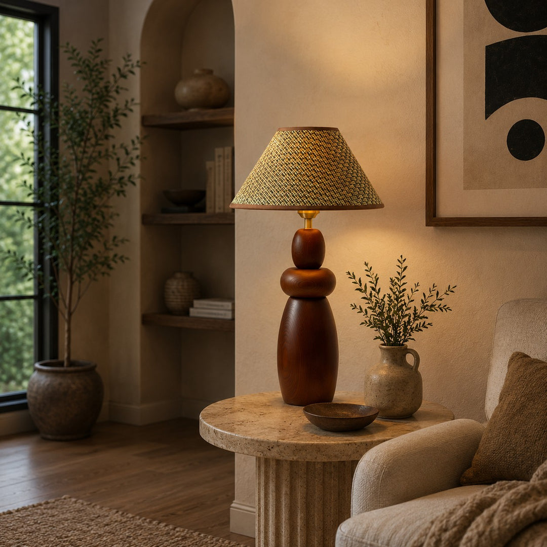 Modern Table Lamp with Adjustable Height Wooden Base and Fabric Shade for Bedroom or Desk Use