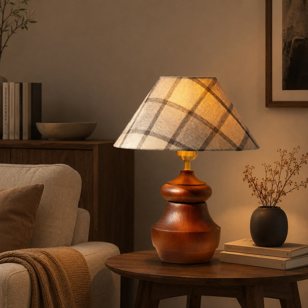 Modern Table Lamp with Adjustable Height Wooden Base and Fabric Shade for Bedroom or Desk Use