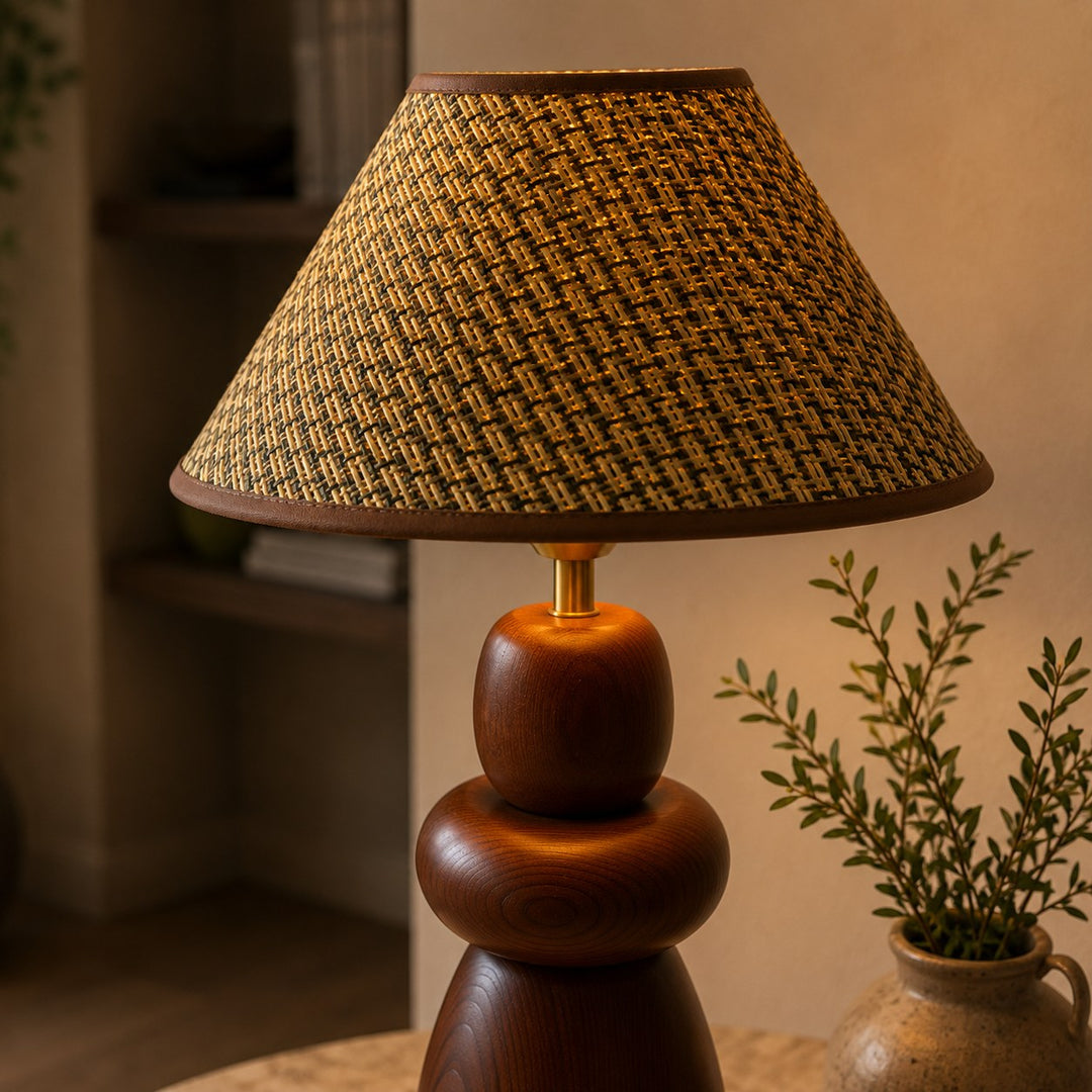 Modern Table Lamp with Adjustable Height Wooden Base and Fabric Shade for Bedroom or Desk Use