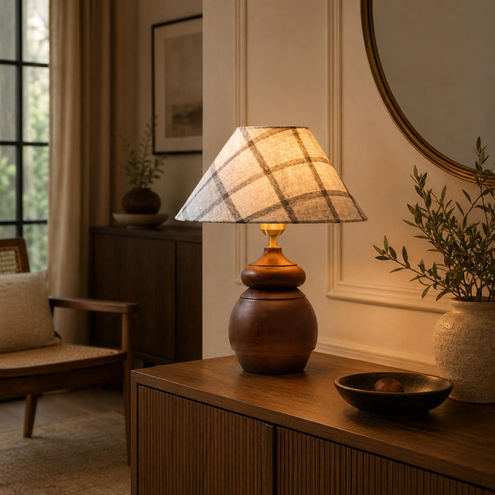 Modern Table Lamp with Adjustable Height Wooden Base and Fabric Shade for Bedroom or Desk Use