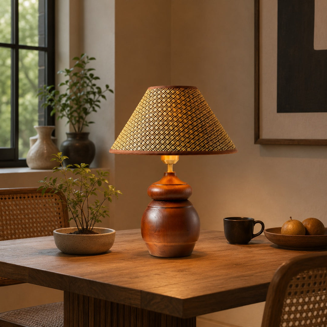 Modern Table Lamp with Adjustable Height Wooden Base and Fabric Shade for Bedroom or Desk Use