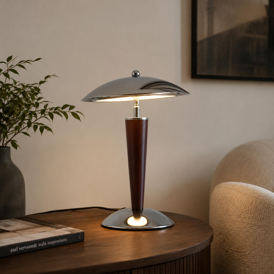 Modern Table Lamp with Chrome Shade and Walnut Wood Base LED Dimmable Nightstand Light