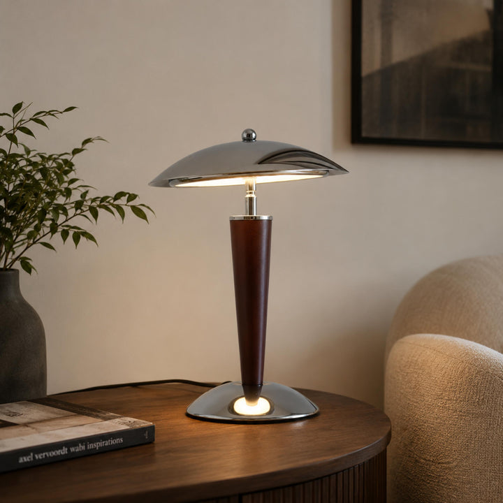 Modern Table Lamp with Chrome Shade and Walnut Wood Base LED Dimmable Nightstand Light