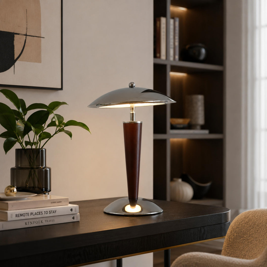 Modern Table Lamp with Chrome Shade and Walnut Wood Base LED Dimmable Nightstand Light