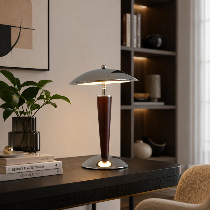 Modern Table Lamp with Chrome Shade and Walnut Wood Base LED Dimmable Nightstand Light