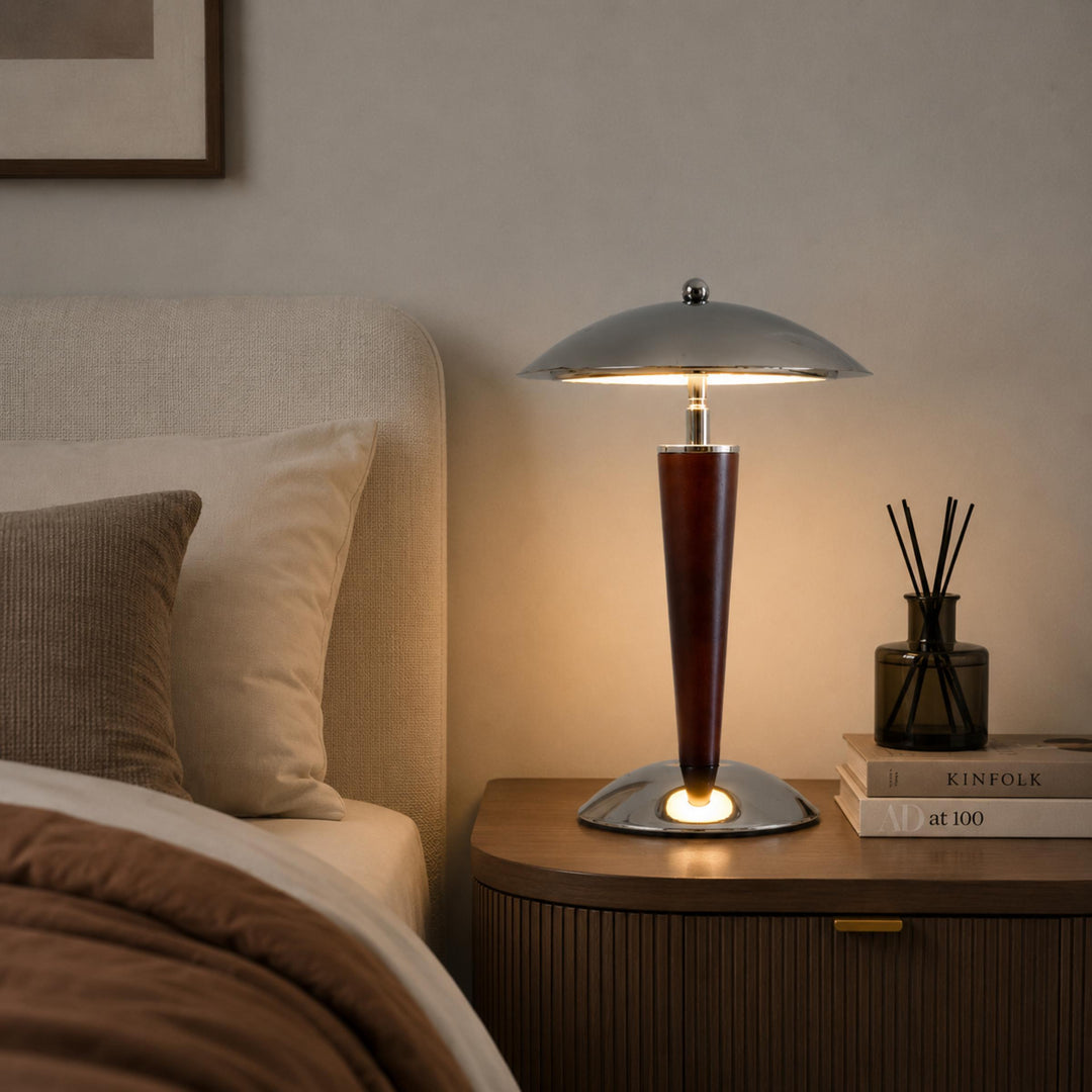 Modern Table Lamp with Chrome Shade and Walnut Wood Base LED Dimmable Nightstand Light