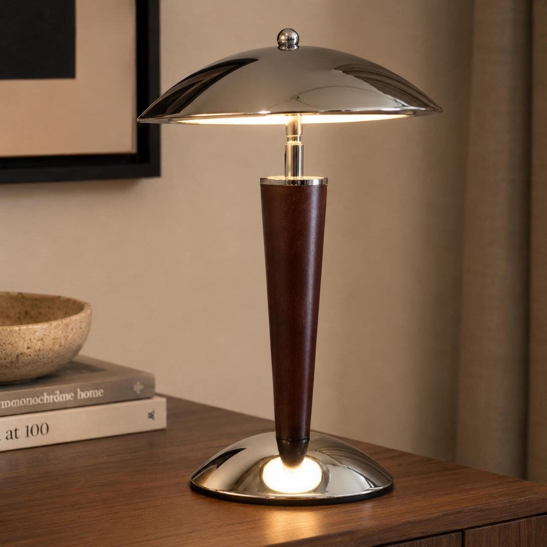 Modern Table Lamp with Chrome Shade and Walnut Wood Base LED Dimmable Nightstand Light