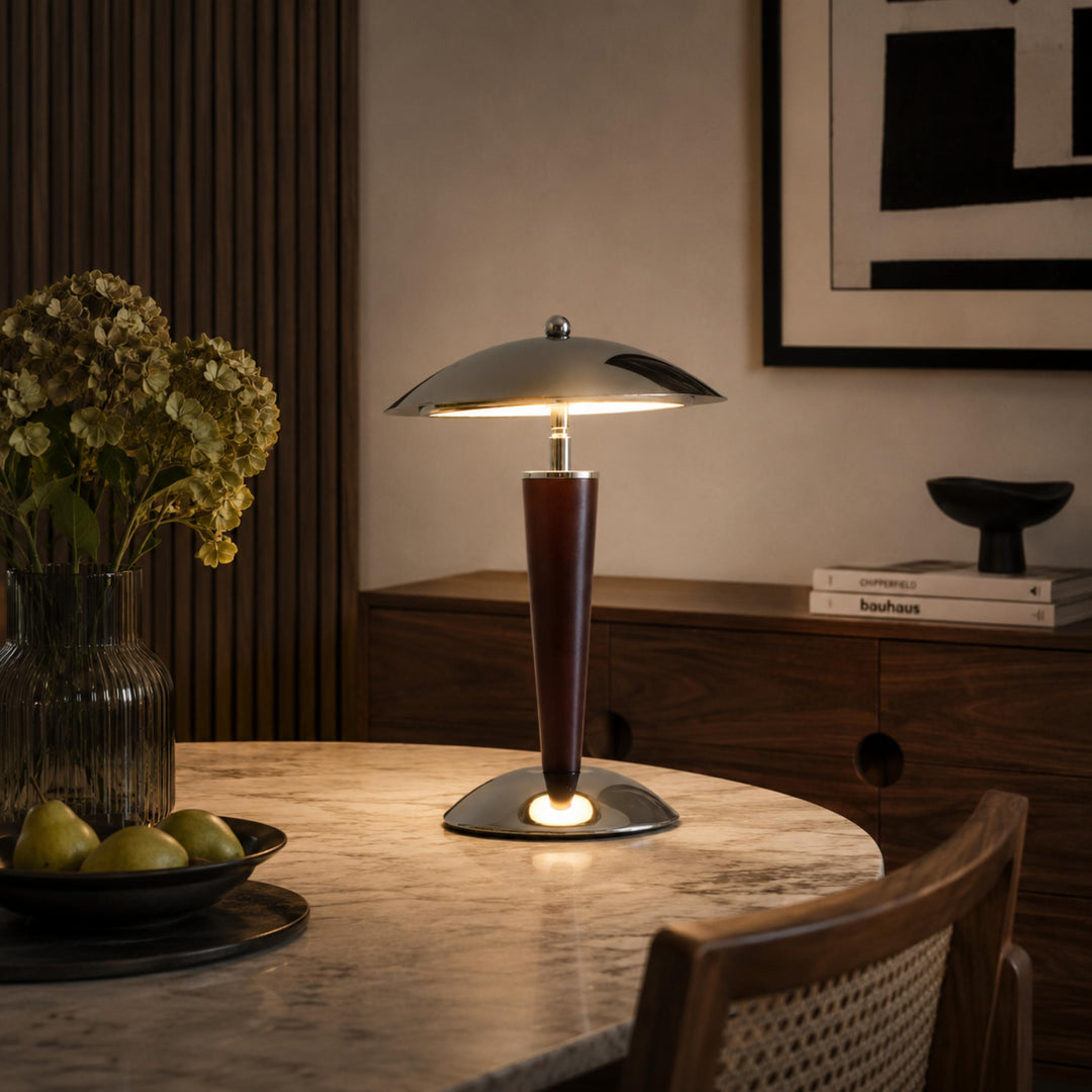 Modern Table Lamp with Chrome Shade and Walnut Wood Base LED Dimmable Nightstand Light