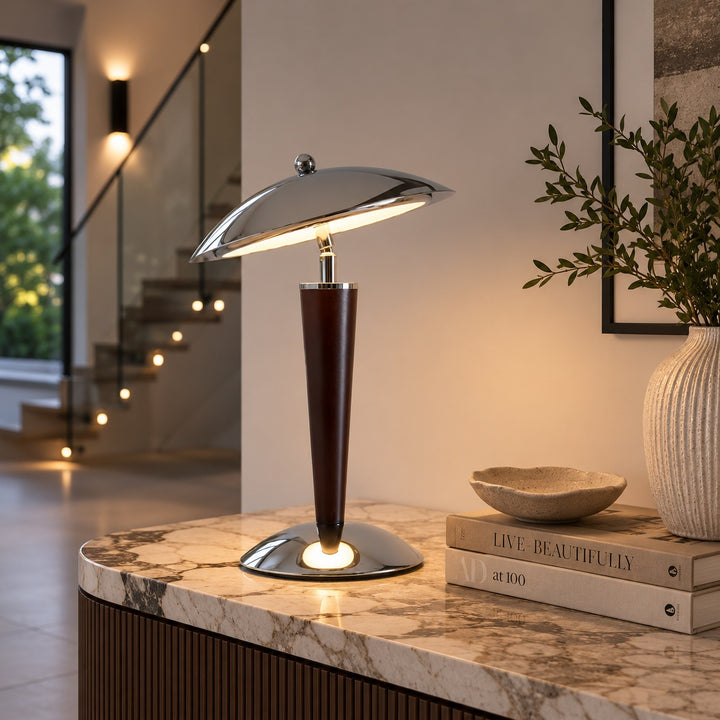 Modern Table Lamp with Chrome Shade and Walnut Wood Base LED Dimmable Nightstand Light