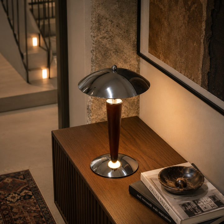 Modern Table Lamp with Chrome Shade and Walnut Wood Base LED Dimmable Nightstand Light