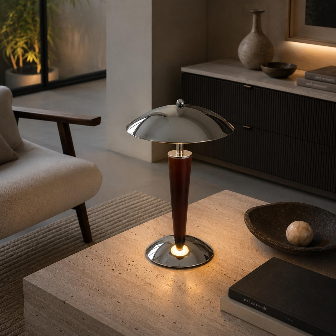 Modern Table Lamp with Chrome Shade and Walnut Wood Base LED Dimmable Nightstand Light