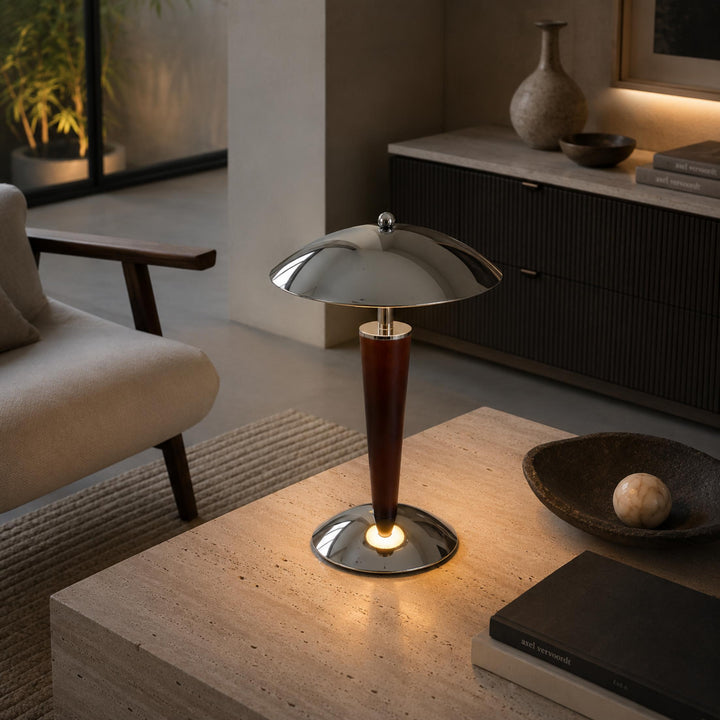 Modern Table Lamp with Chrome Shade and Walnut Wood Base LED Dimmable Nightstand Light