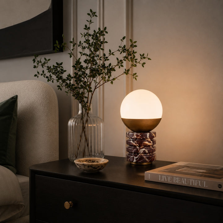 Modern Table Lamp with Cylindrical Marble Base and White Glass Shade for Bedroom or Desk Use