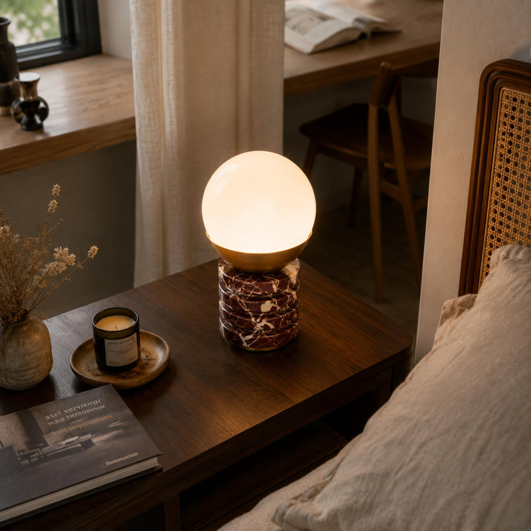 Modern Table Lamp with Cylindrical Marble Base and White Glass Shade for Bedroom or Desk Use