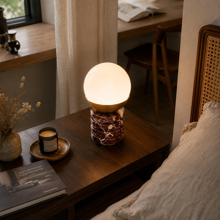 Modern Table Lamp with Cylindrical Marble Base and White Glass Shade for Bedroom or Desk Use