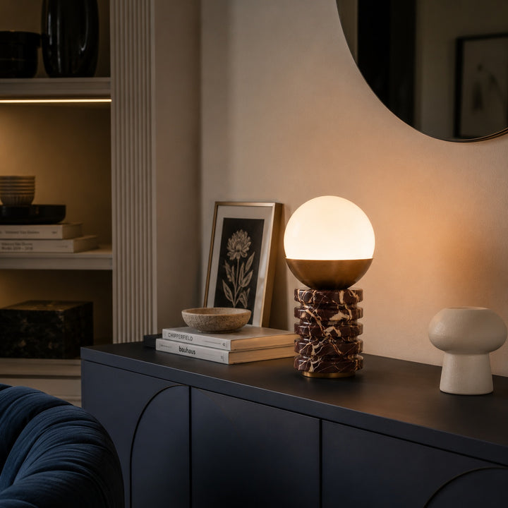 Modern Table Lamp with Cylindrical Marble Base and White Glass Shade for Bedroom or Desk Use