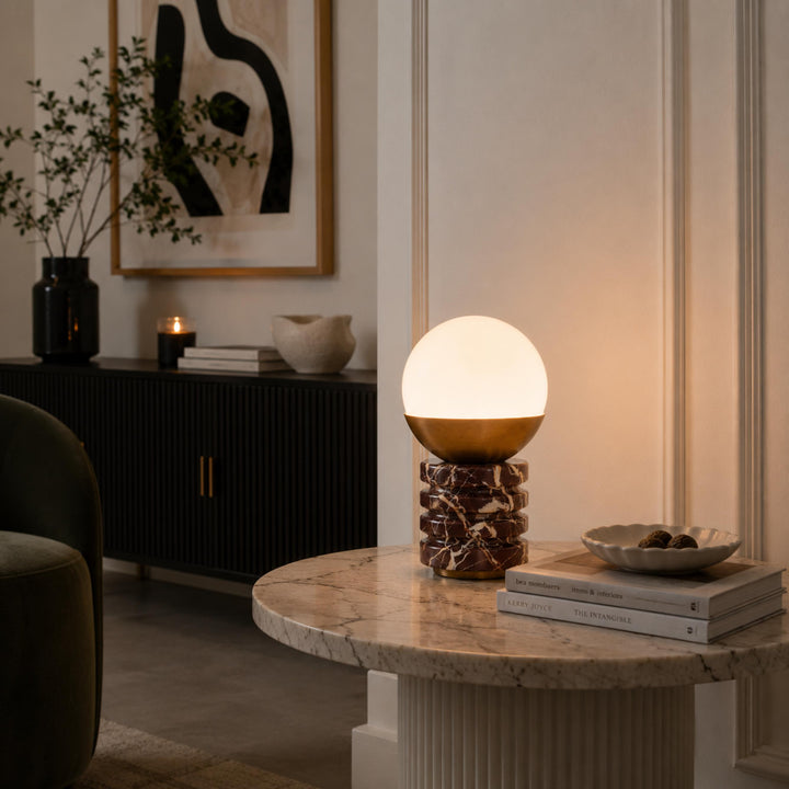 Modern Table Lamp with Cylindrical Marble Base and White Glass Shade for Bedroom or Desk Use