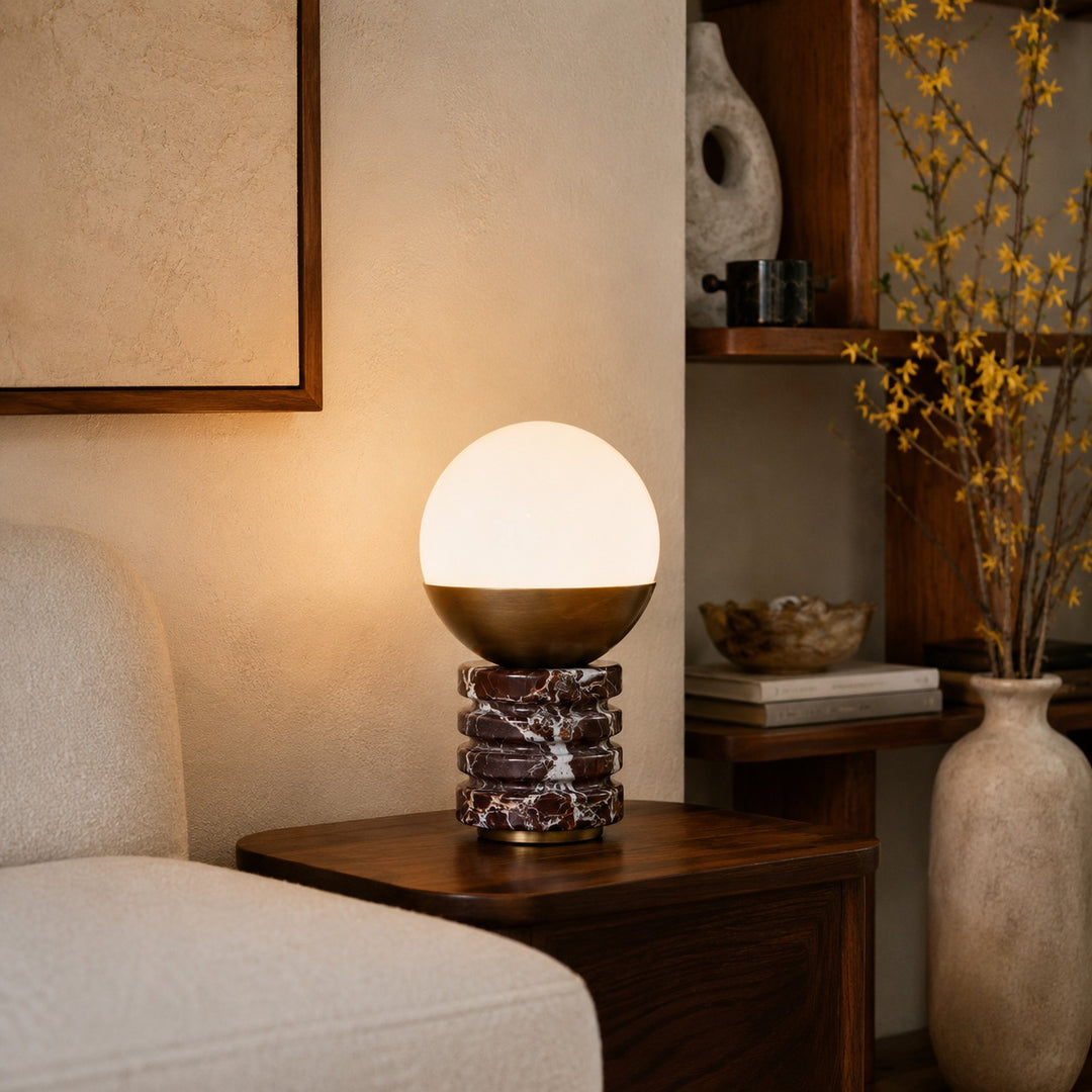 Modern Table Lamp with Cylindrical Marble Base and White Glass Shade for Bedroom or Desk Use