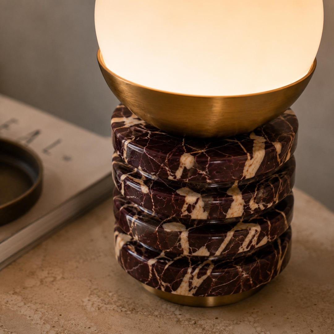 Modern Table Lamp with Cylindrical Marble Base and White Glass Shade for Bedroom or Desk Use