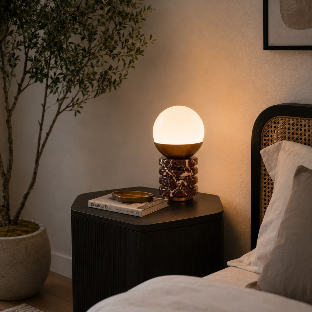 Modern Table Lamp with Cylindrical Marble Base and White Glass Shade for Bedroom or Desk Use