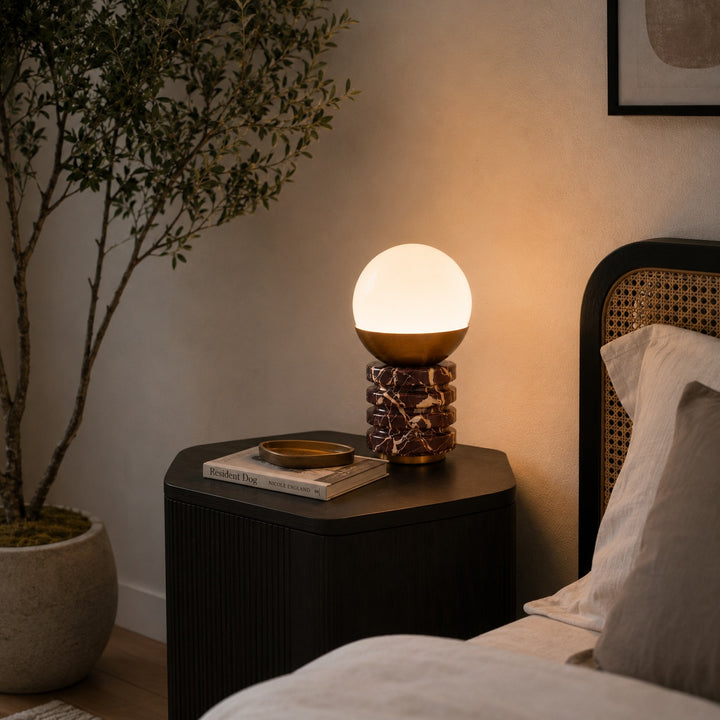 Modern Table Lamp with Cylindrical Marble Base and White Glass Shade for Bedroom or Desk Use