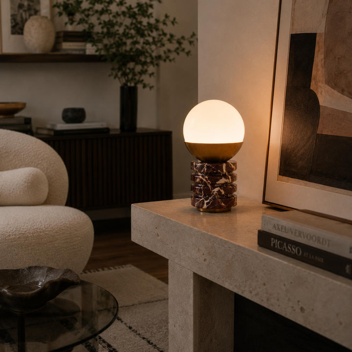 Modern Table Lamp with Cylindrical Marble Base and White Glass Shade for Bedroom or Desk Use