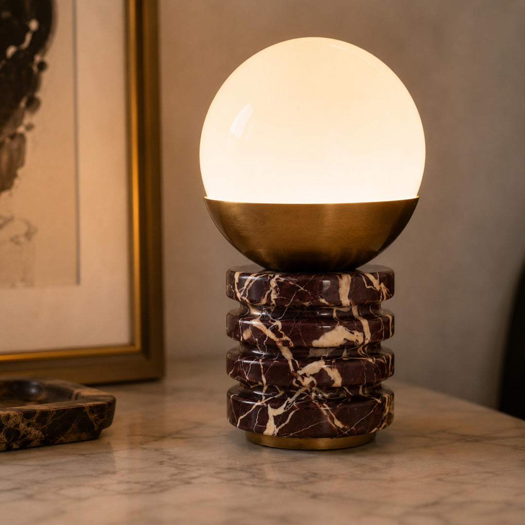Modern Table Lamp with Cylindrical Marble Base and White Glass Shade for Bedroom or Desk Use