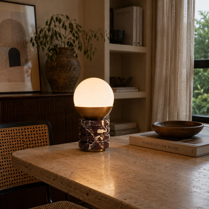Modern Table Lamp with Cylindrical Marble Base and White Glass Shade for Bedroom or Desk Use