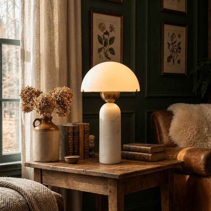 Modern Table Lamp with Dome Shade and Marble Base LED Compatible for Bedroom or Office Use