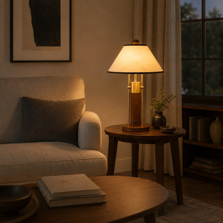 Modern Table Lamp with Fabric Shade and Solid Wood Body for Indoor Use LED Compatible
