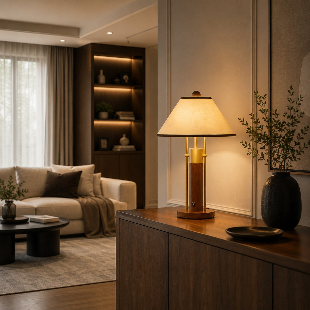 Modern Table Lamp with Fabric Shade and Solid Wood Body for Indoor Use LED Compatible