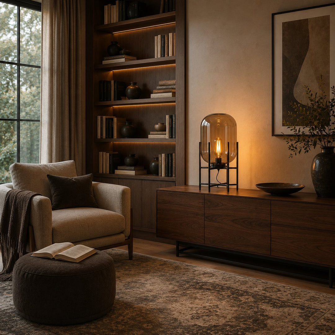 Modern Table Lamp with Hand-Blown Glass Shade and Metal Base LED Compatible for Bedroom and Office