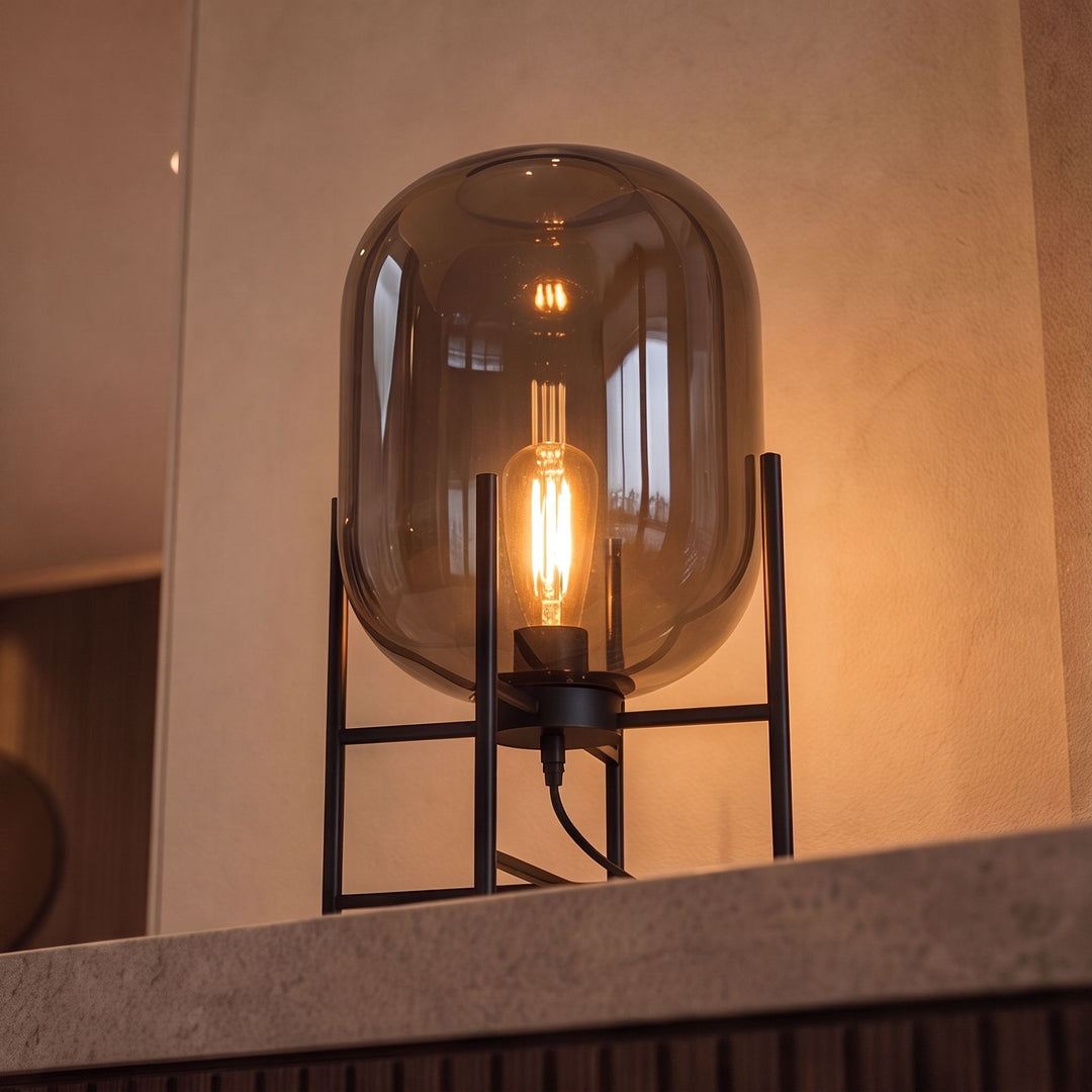 Modern Table Lamp with Hand-Blown Glass Shade and Metal Base LED Compatible for Bedroom and Office