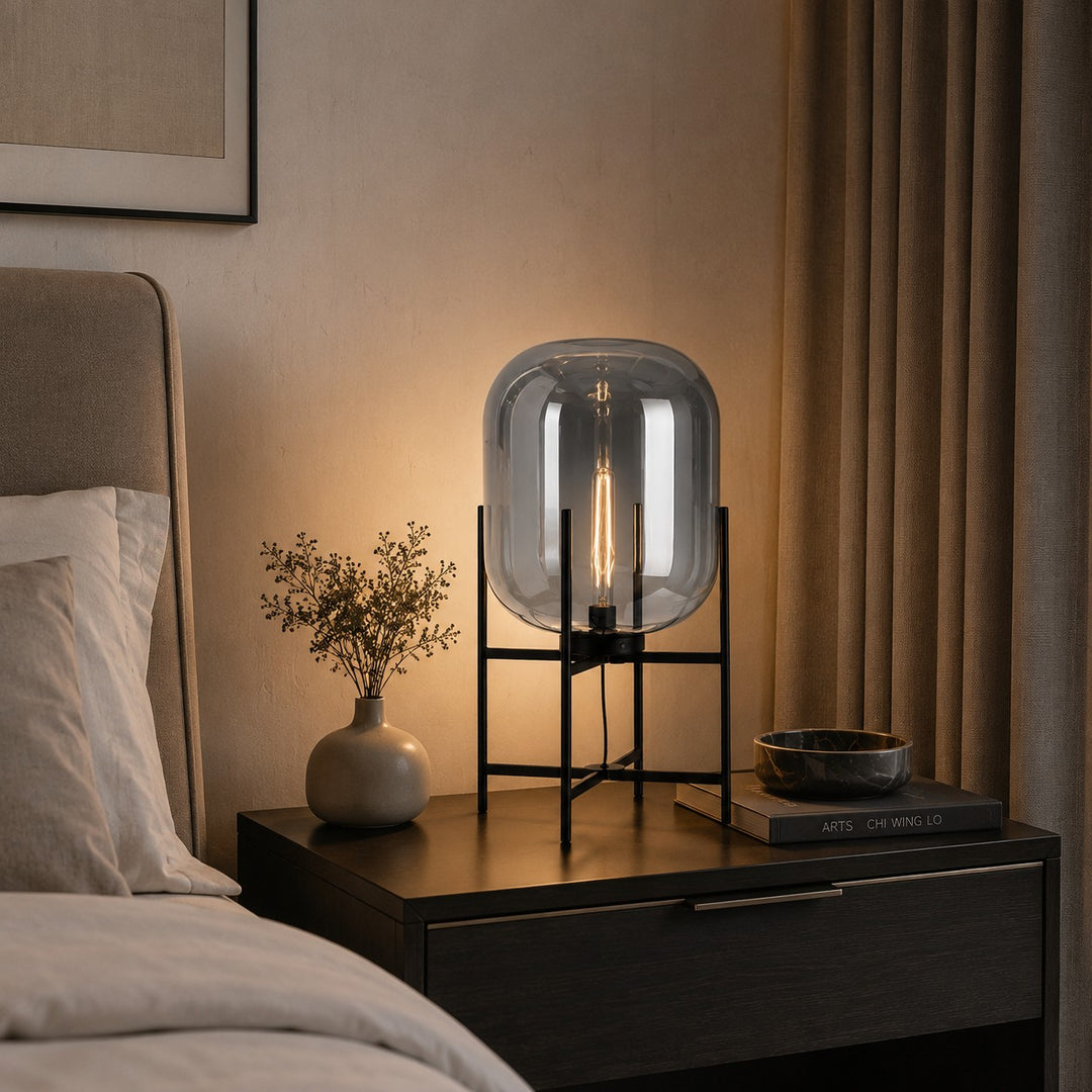 Modern Table Lamp with Hand-Blown Glass Shade and Metal Base LED Compatible for Bedroom and Office