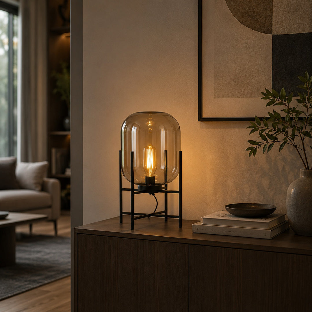 Modern Table Lamp with Hand-Blown Glass Shade and Metal Base LED Compatible for Bedroom and Office
