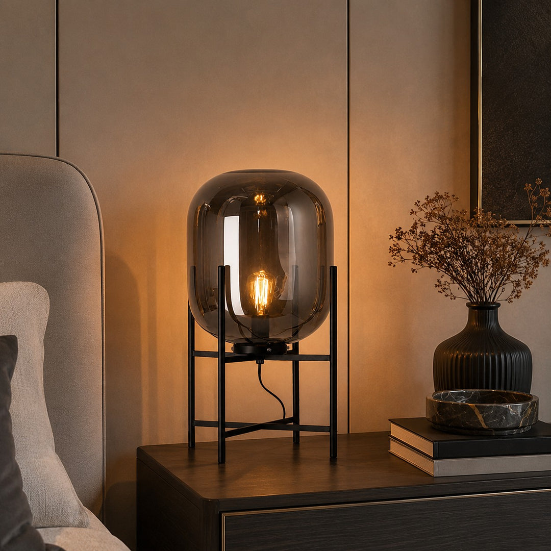 Modern Table Lamp with Hand-Blown Glass Shade and Metal Base LED Compatible for Bedroom and Office