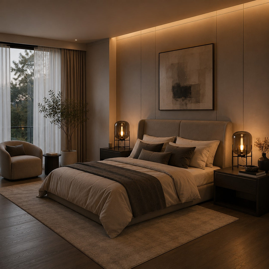 Modern Table Lamp with Hand-Blown Glass Shade and Metal Base LED Compatible for Bedroom and Office