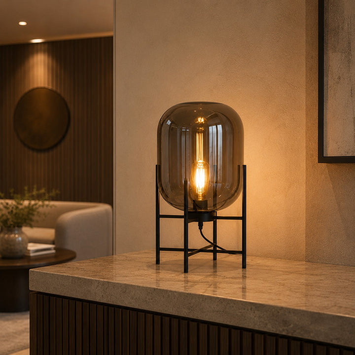 Modern Table Lamp with Hand-Blown Glass Shade and Metal Base LED Compatible for Bedroom and Office